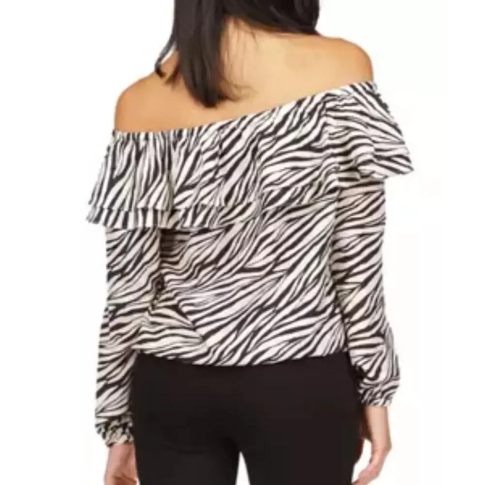 Michael Kors Tiger Stripe Off the Shoulder Ruffle Blouse Black White Animal M